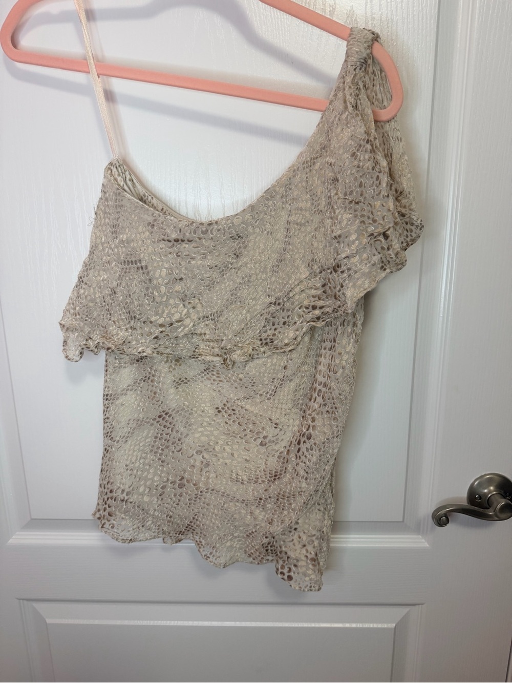White House Black Market Cream Animal-Print Lined Top one shoulder